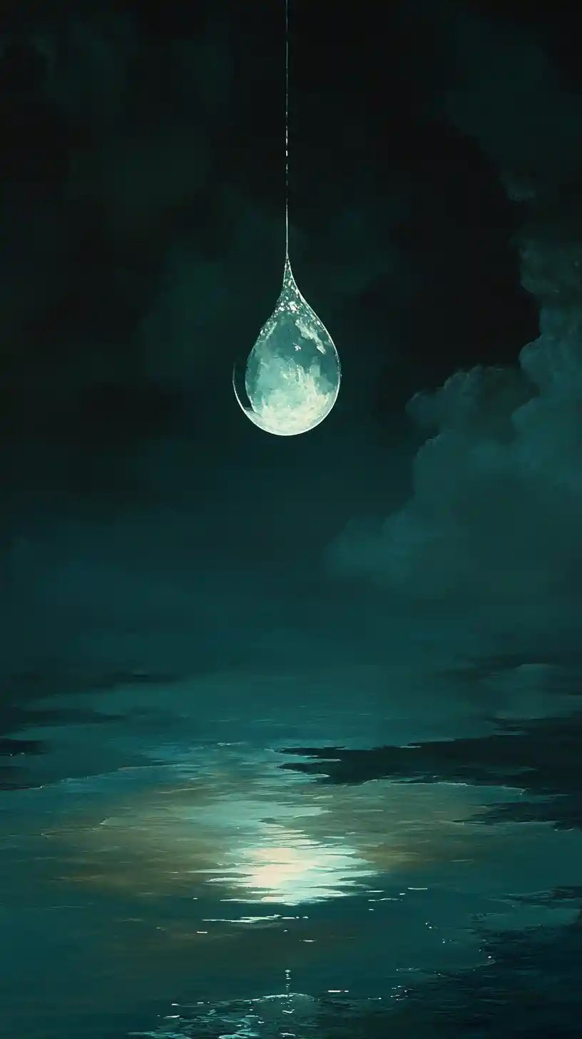 Lone glowing water droplet in a surreal moonlit realm