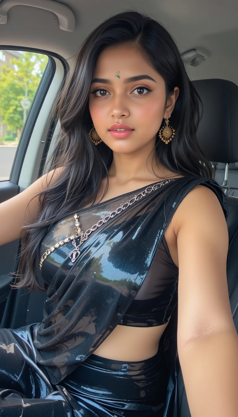 Tamil girl in glossy black saree driving a car