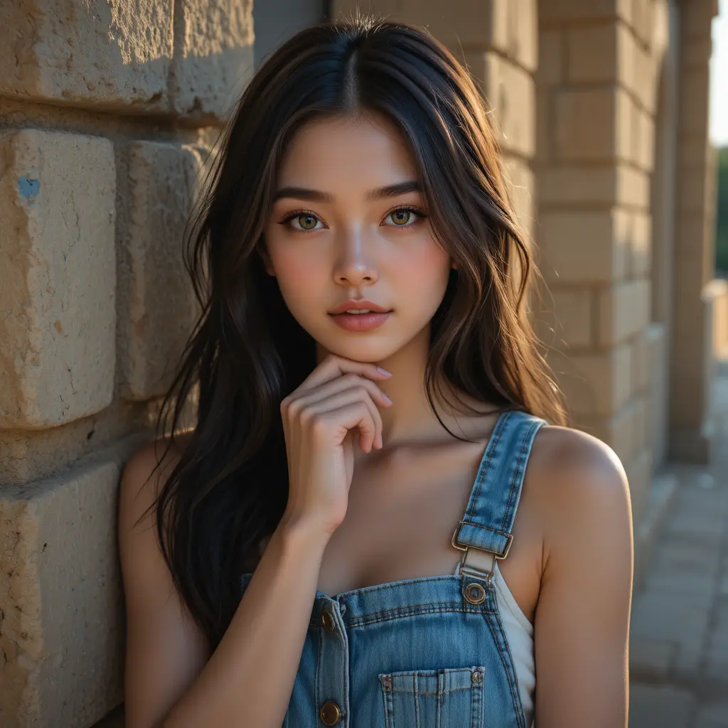 Young woman in denim overalls by sunlit stone wall