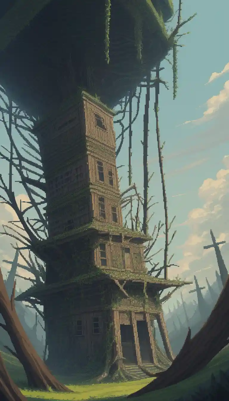 Casa surreal em looping se curvando por um reino de sonhos distorcido