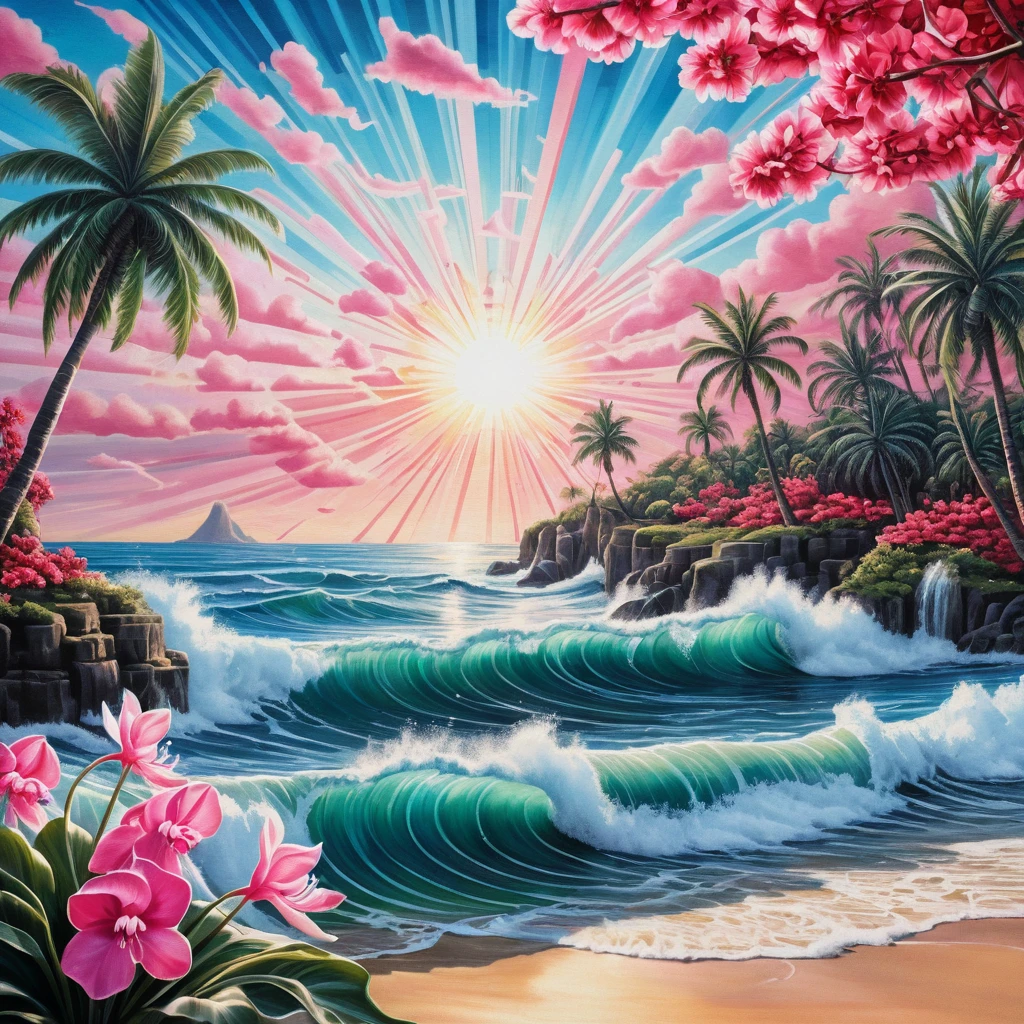 Surreal rote und schwarze Ozean-Traumlandschaft mit Sonne und Palmen