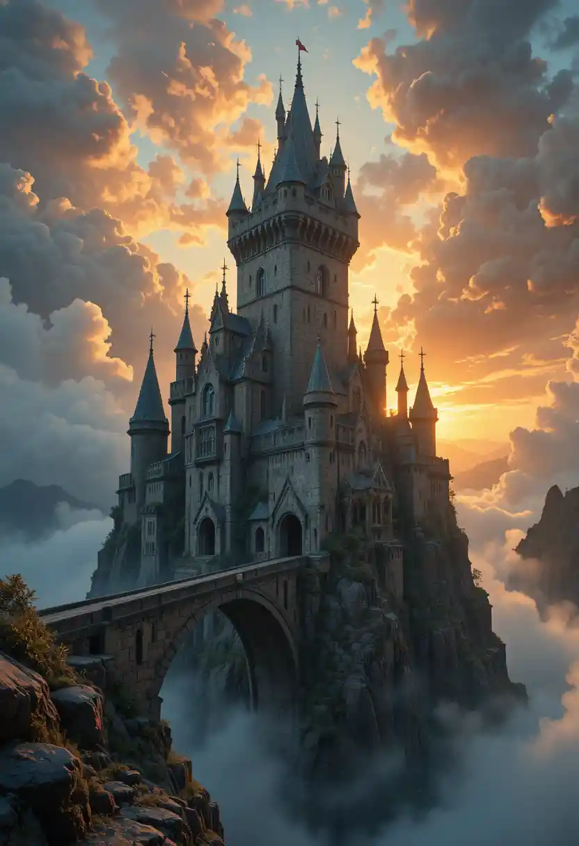 Medieval stone castle on cliff under fiery sunset sky