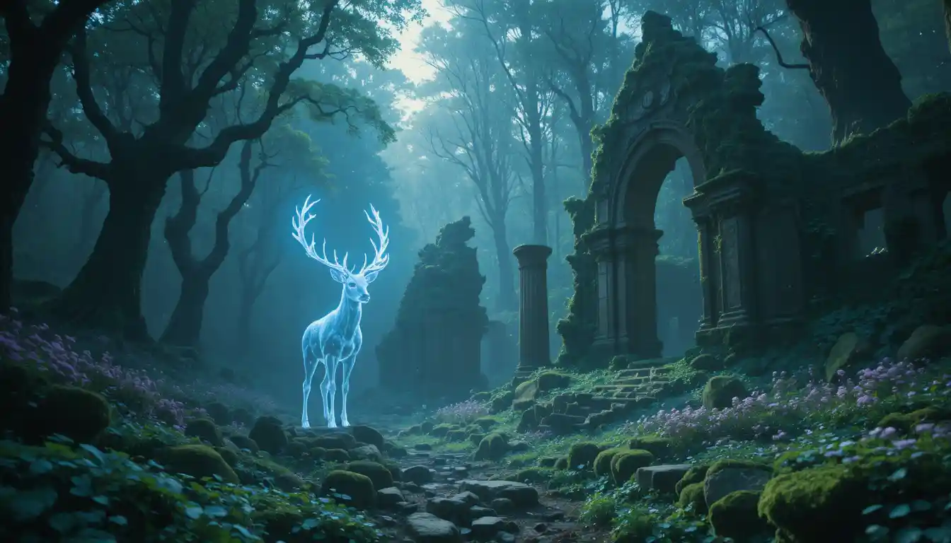 Ethereal stag in a glowing twilight forest clearing