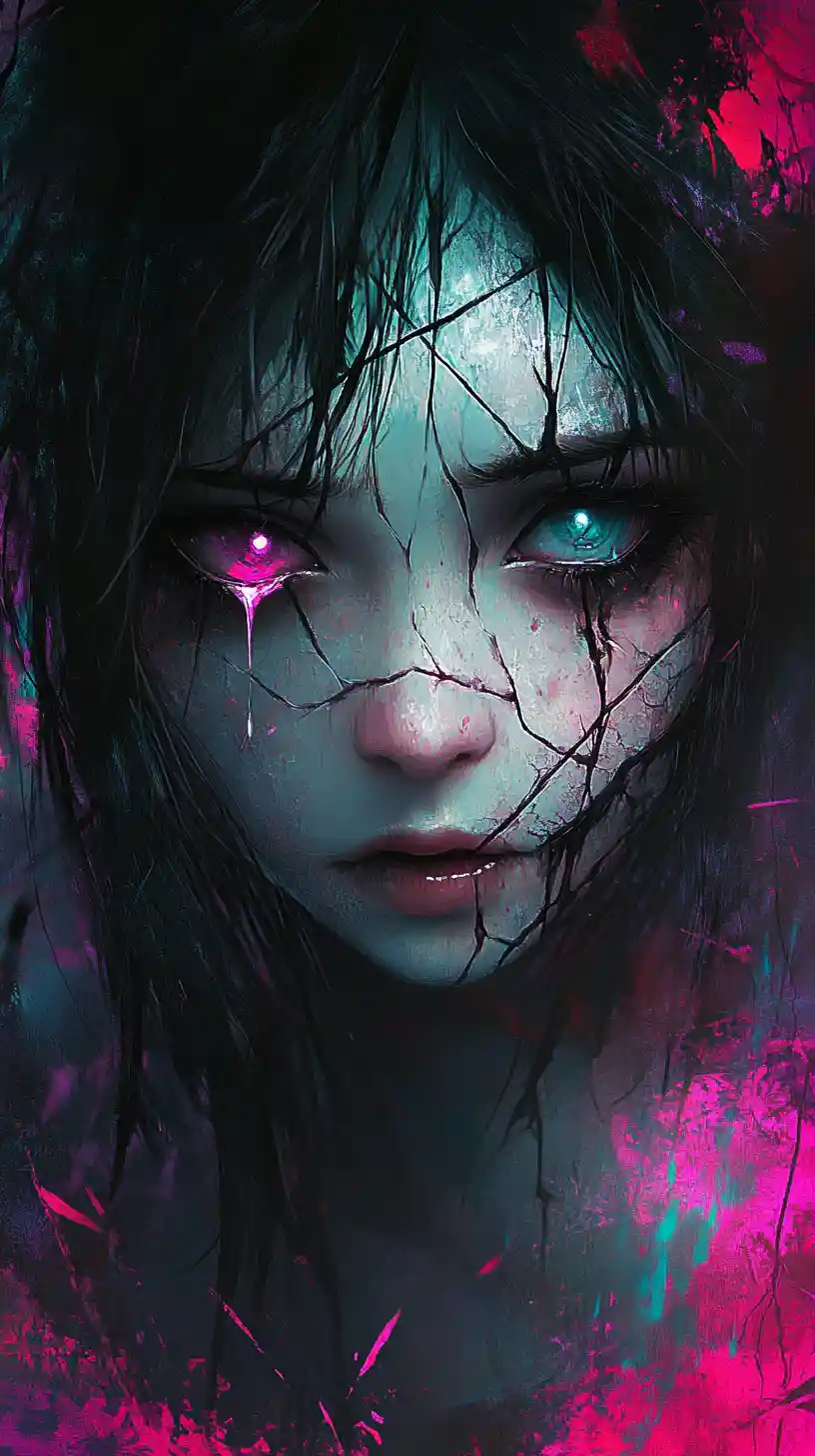 Chica de anime rota con rostro de porcelana agrietado y mirada llorosa