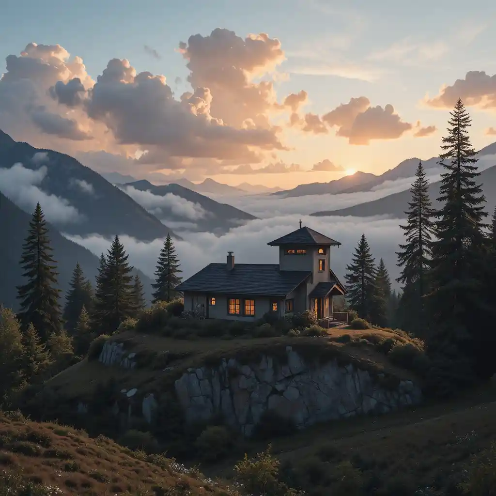 Mountain house at sunrise with trees and soft clouds