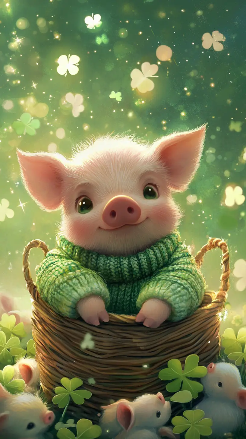 Cute piglet in green sweater sitting in clover basket
