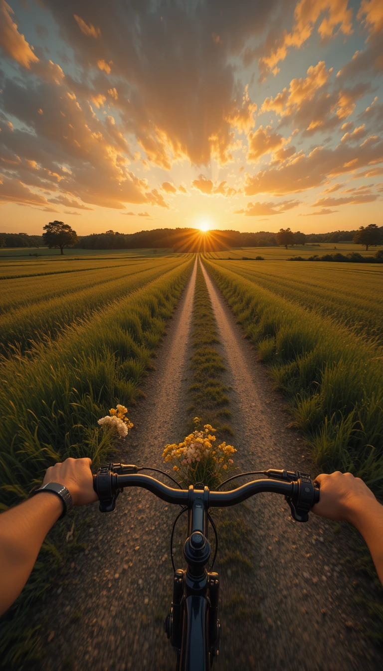 Giro in bicicletta in prima persona al tramonto dorato in campagna