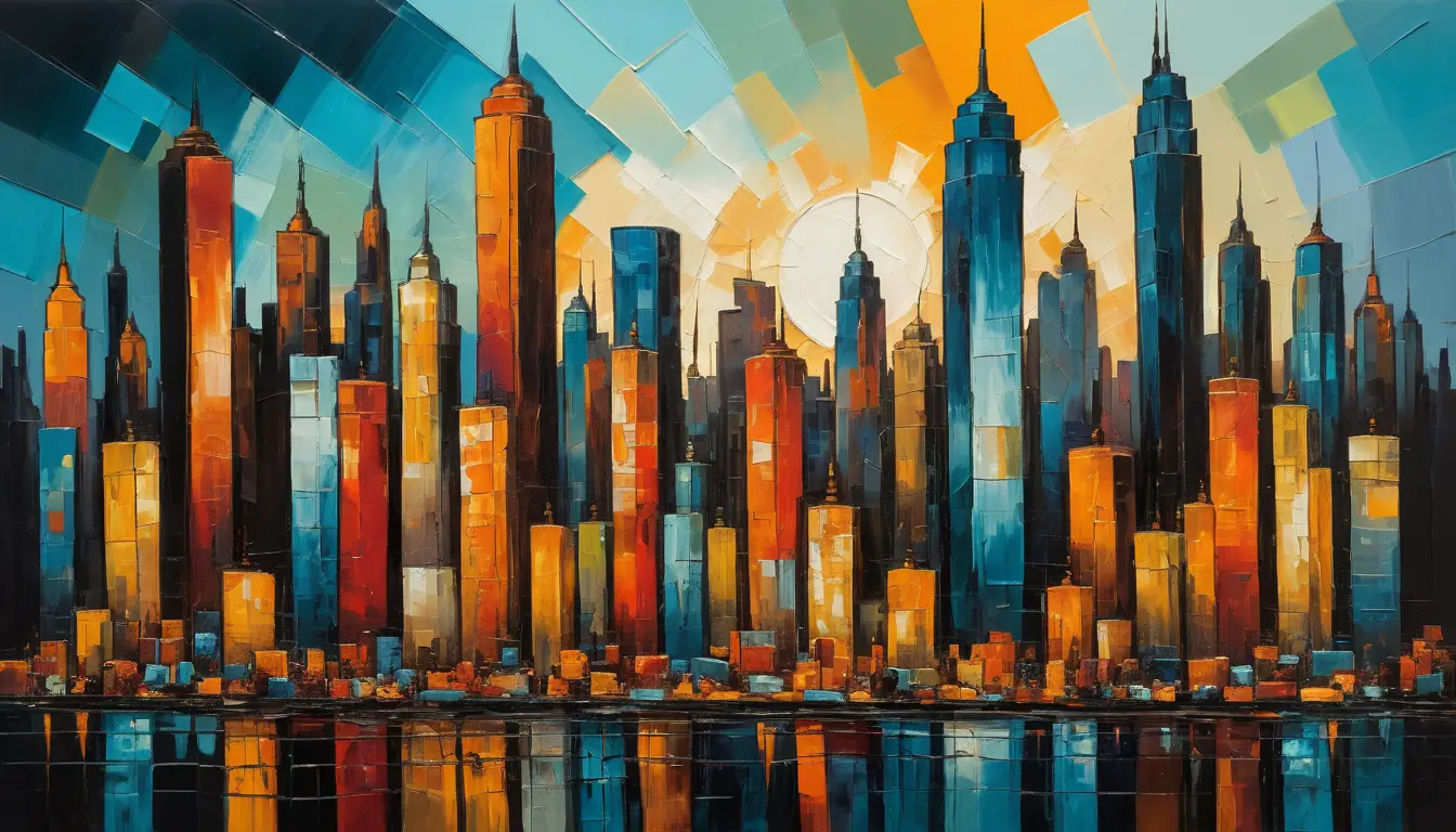 Abstract fragmented cityscape painting at dusk in vivid color