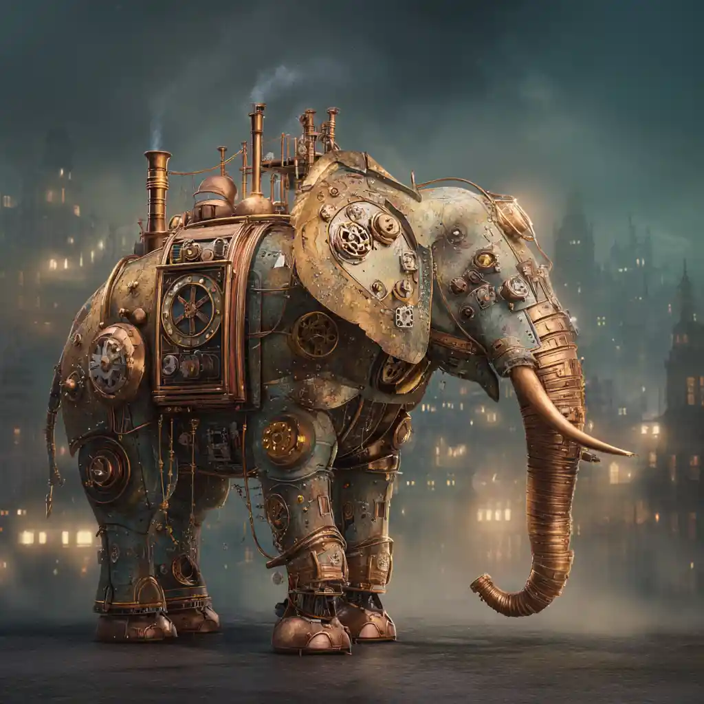 Steampunk-Elefantenautomat in einer surrealen Fantasiestadt