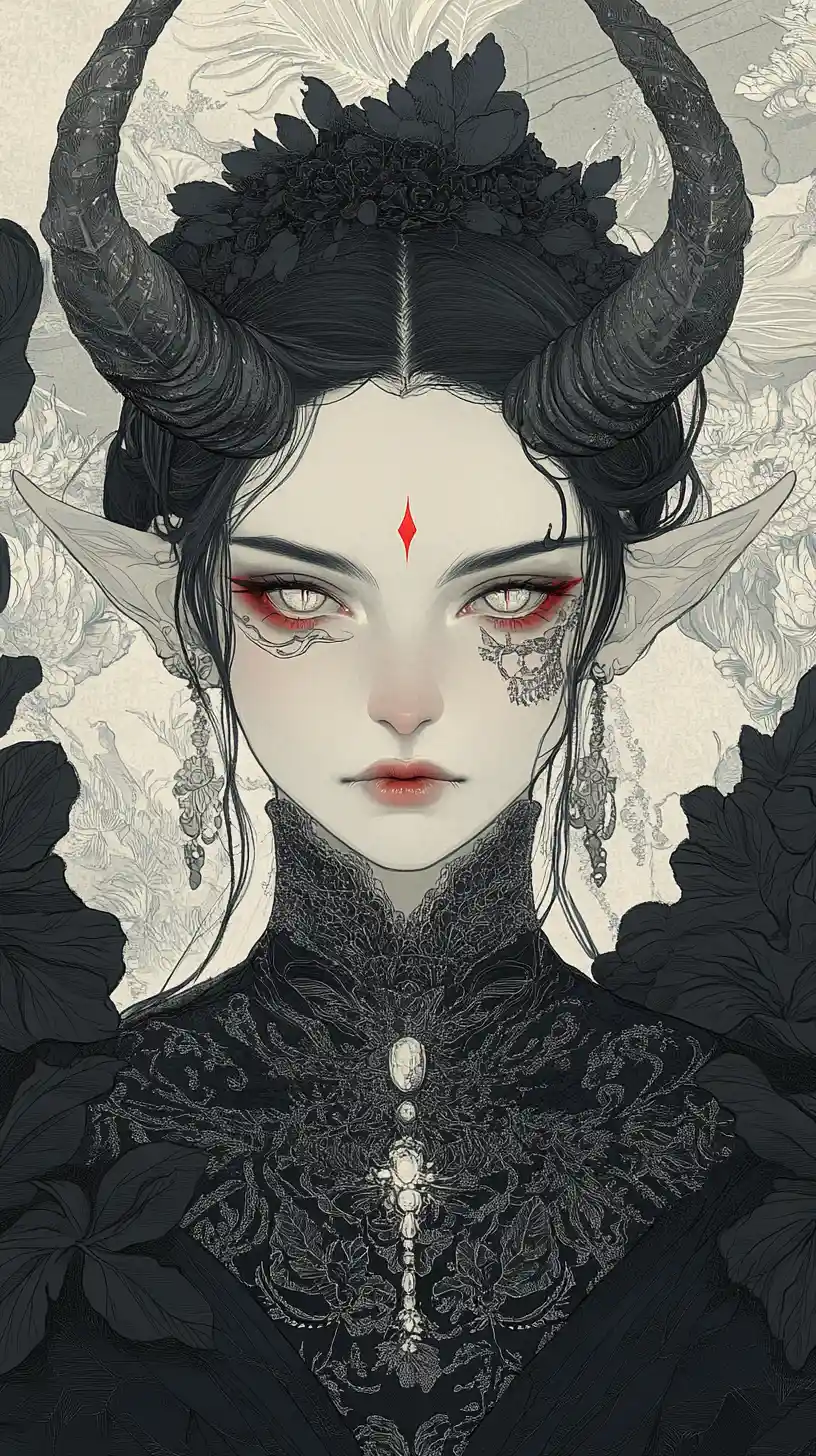 Horned tattooed woman in monochrome ink style portrait
