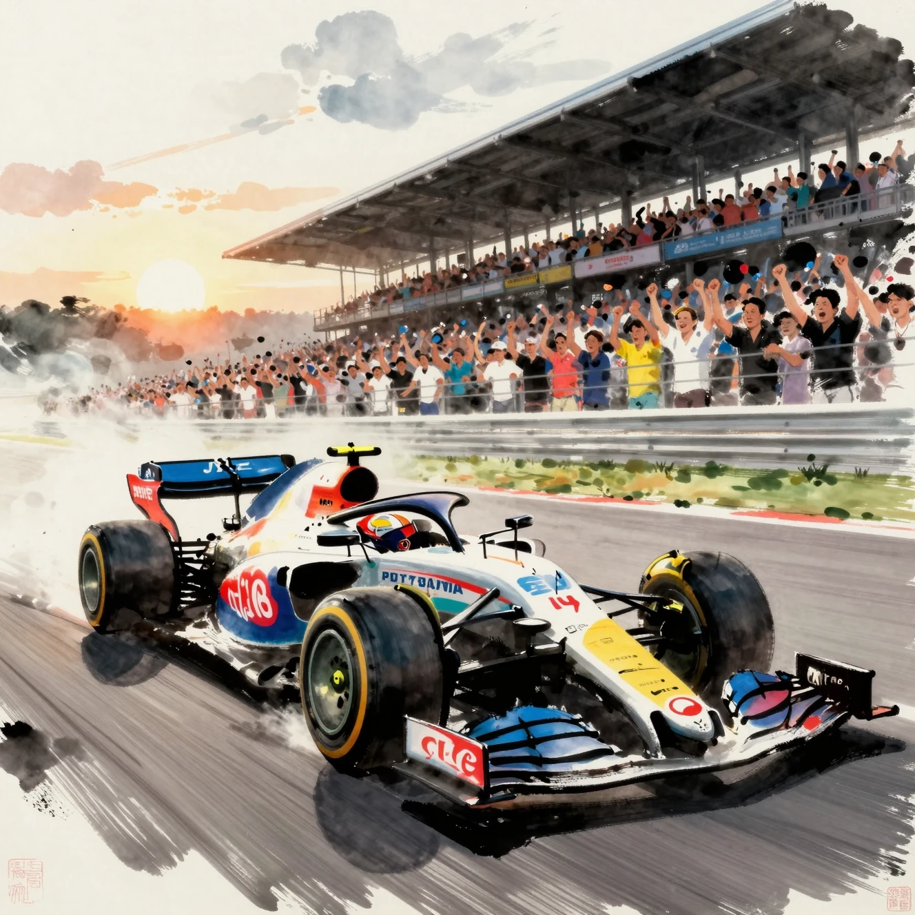 インク画風で観客席の前を疾走するF1マシン