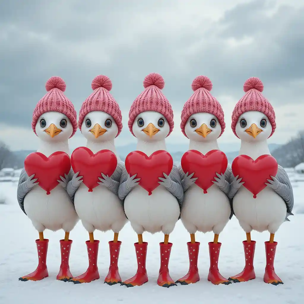 Five playful seagulls in red boots with heart balloons