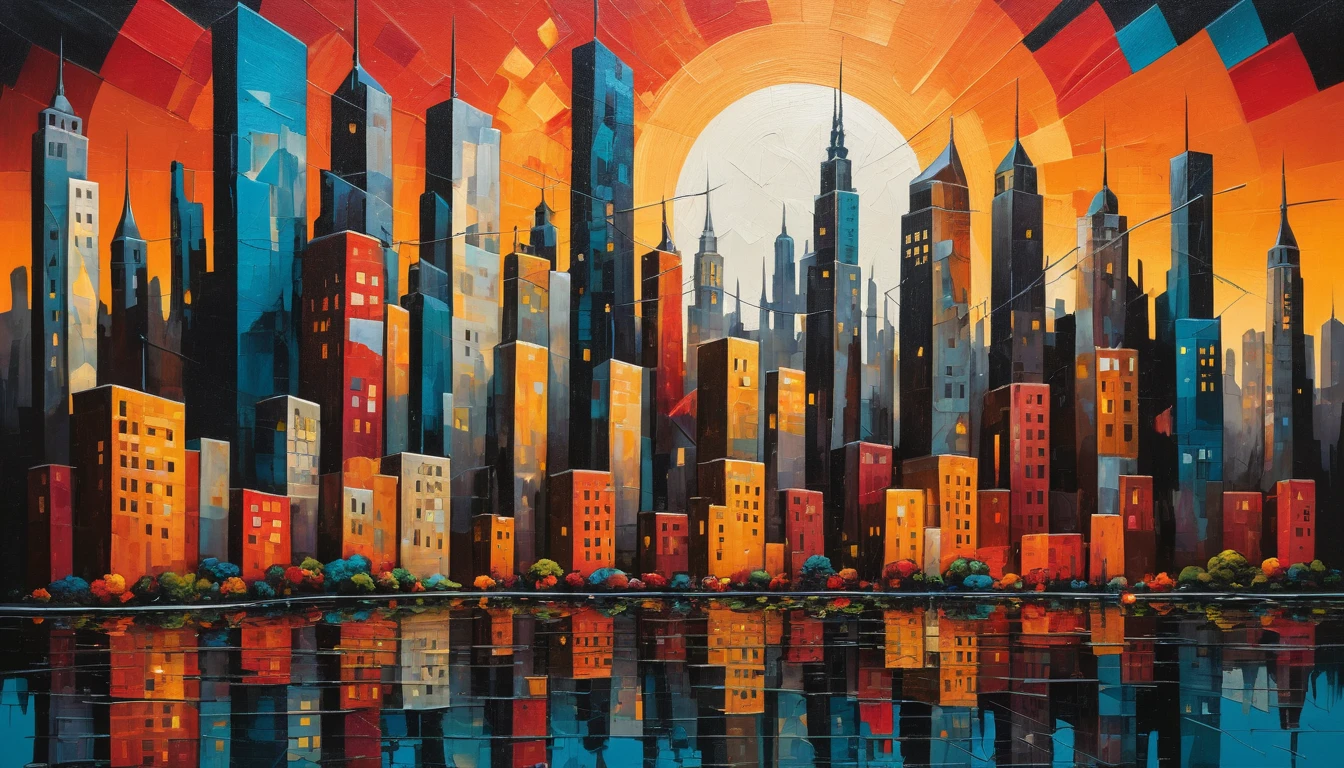 Abstract cityscape painting with surreal dusk atmosphere