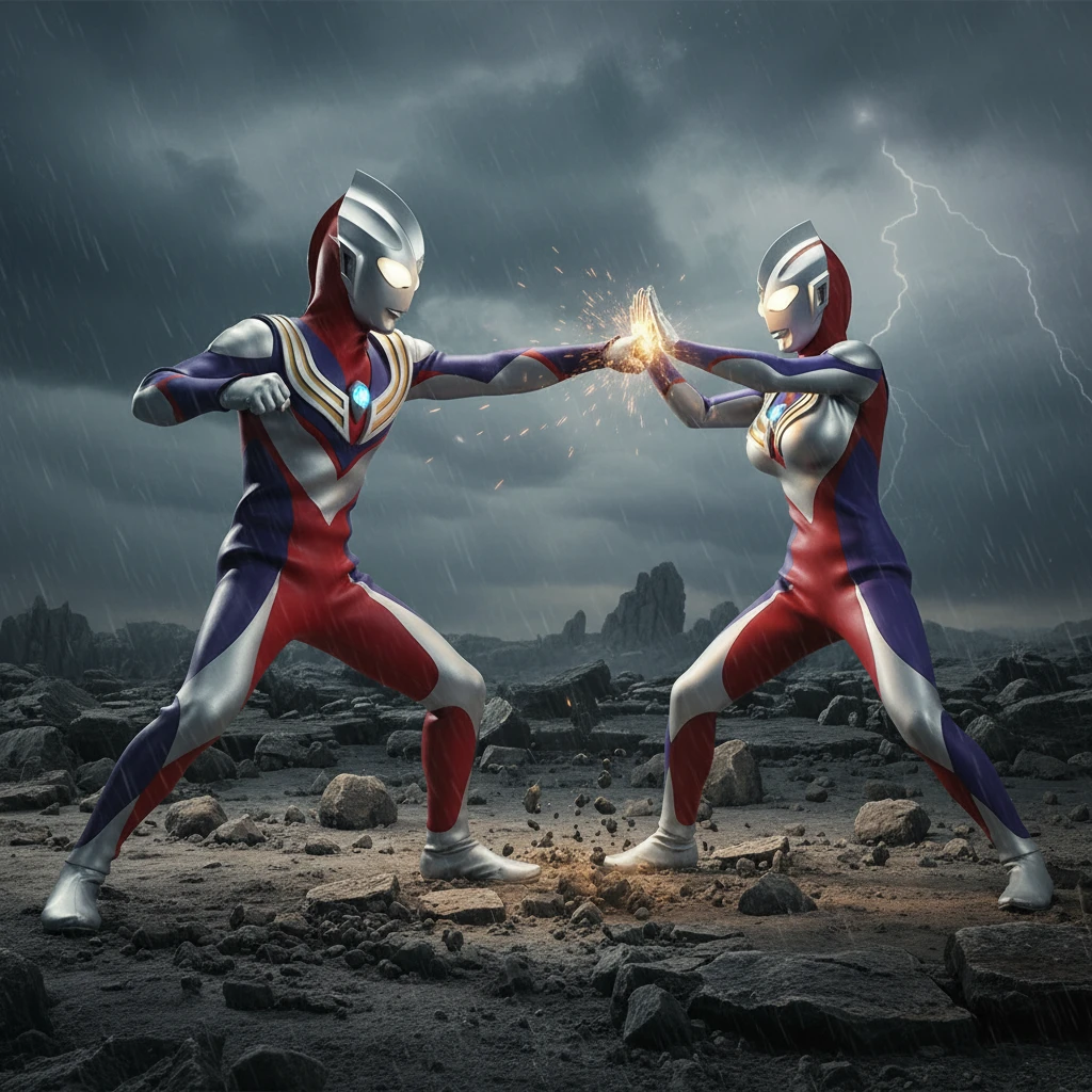 Two giant Ultraman style heroes battling on rocky terrain