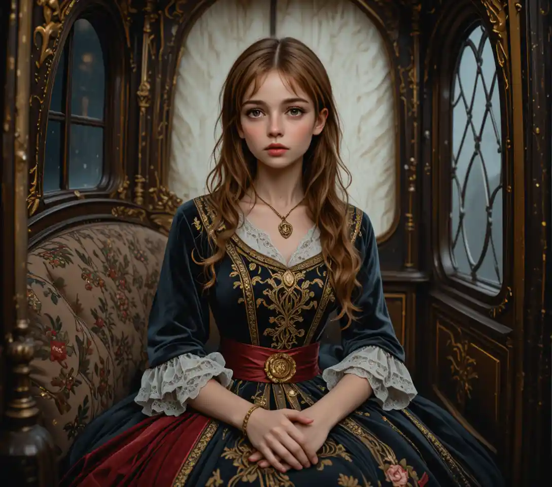 Fille en robe médiévale ornée dans une sombre calèche