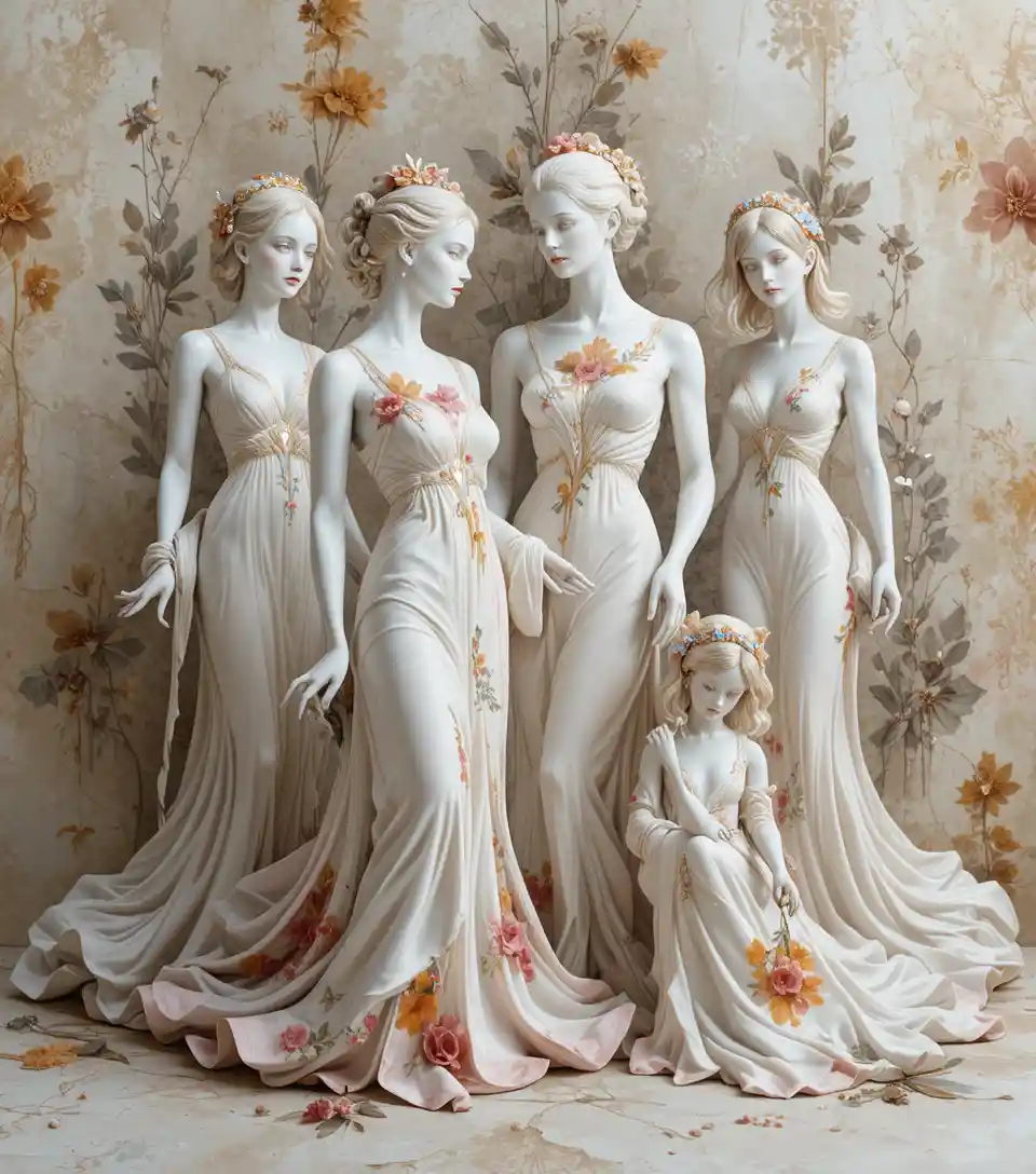 Porcelain figurines in mixed media on textured beige paper