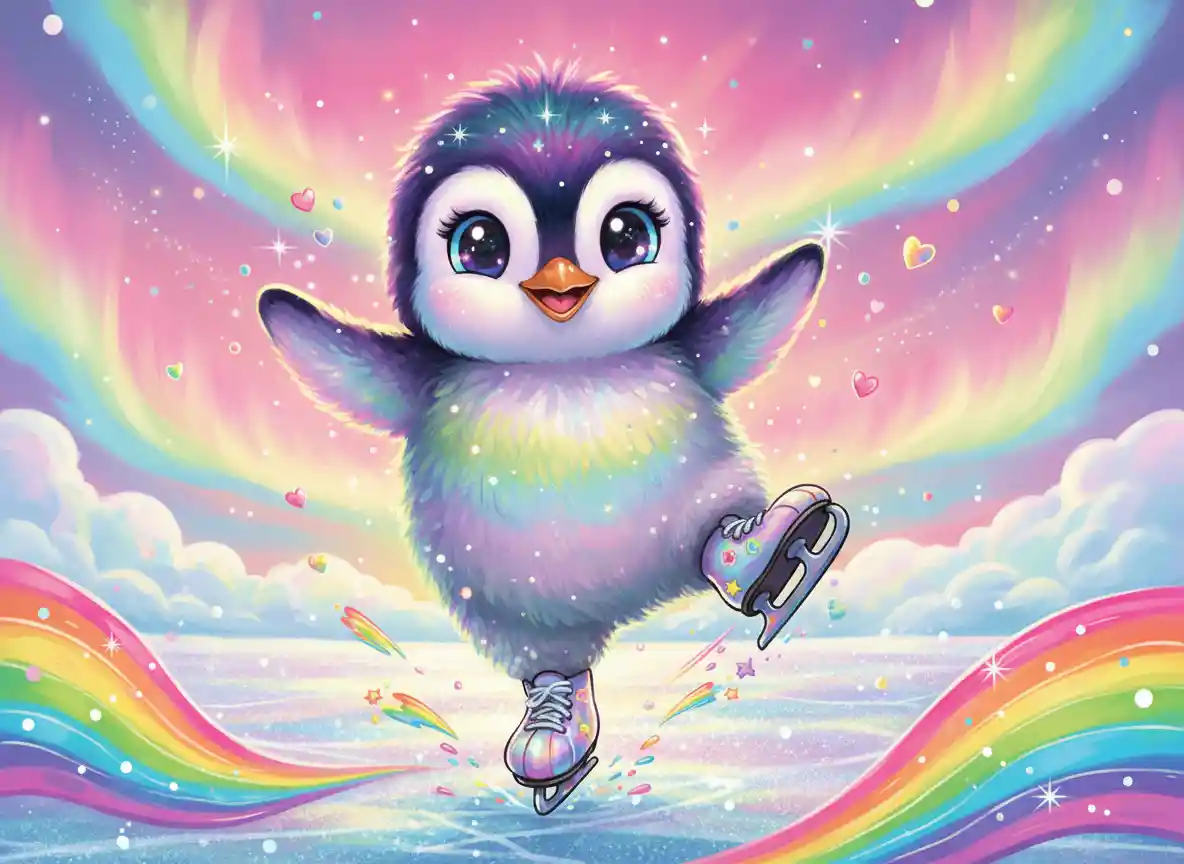 Fröhliches Pinguinbaby tanzt auf Eislaufschuhen aus Muscheln