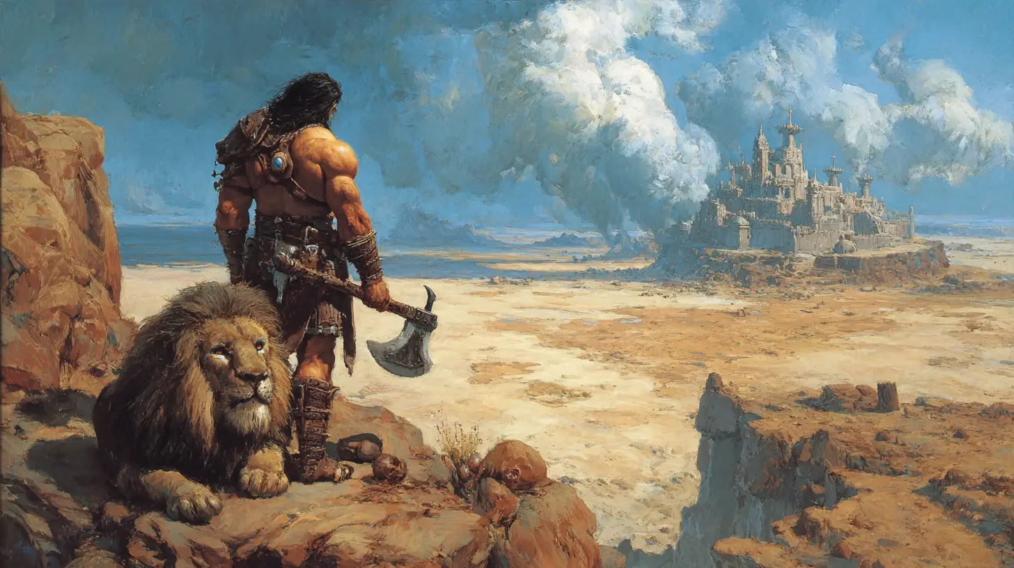 Barbarian warrior and armored lion facing a looming djinn