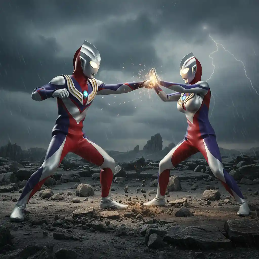 Two giant Ultraman style heroes battling on rocky terrain