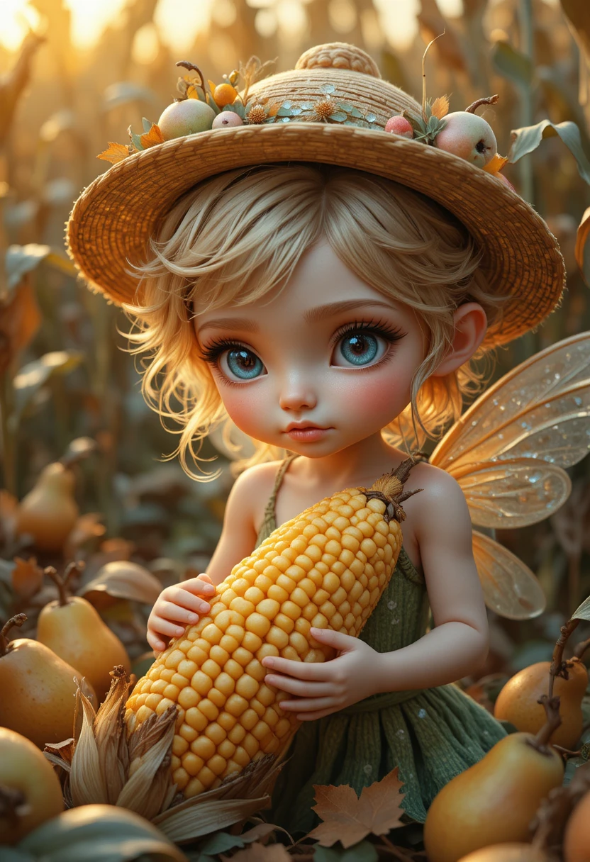 Tiny fairy girl tearing corn in glowing sunset field