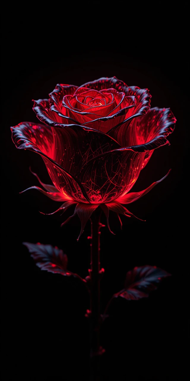 Rosa negra brillante con luz roja sobre fondo oscuro