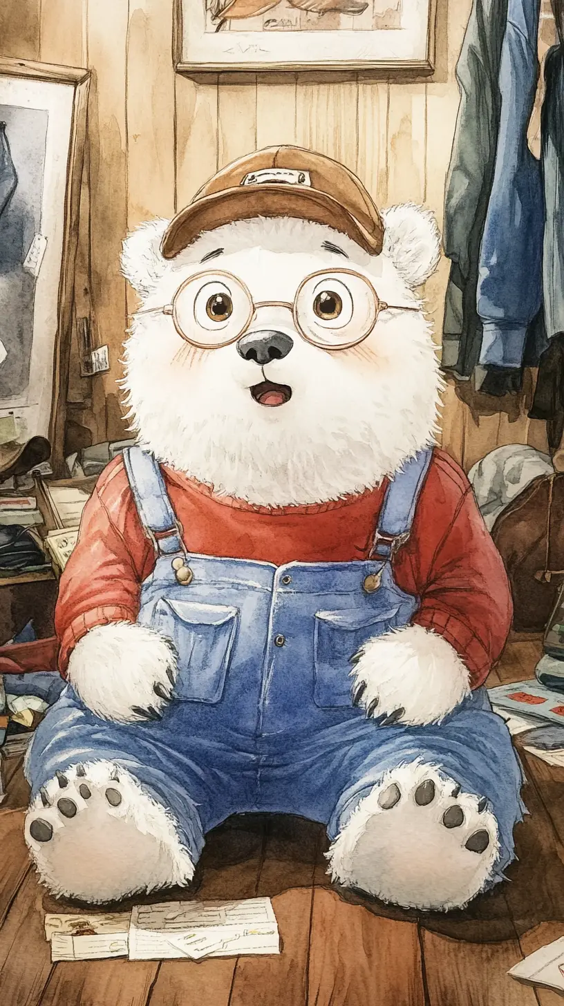Surprised polar bear in a cozy messy watercolor room