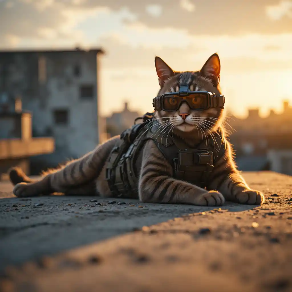 Gato francotirador militar cinematográfico en una azotea a la hora dorada