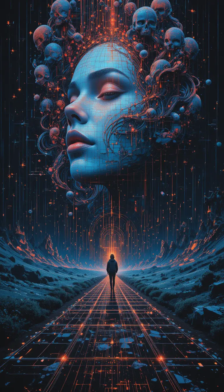 Portrait surréaliste de femme glitch au visage lumineux et fracturé