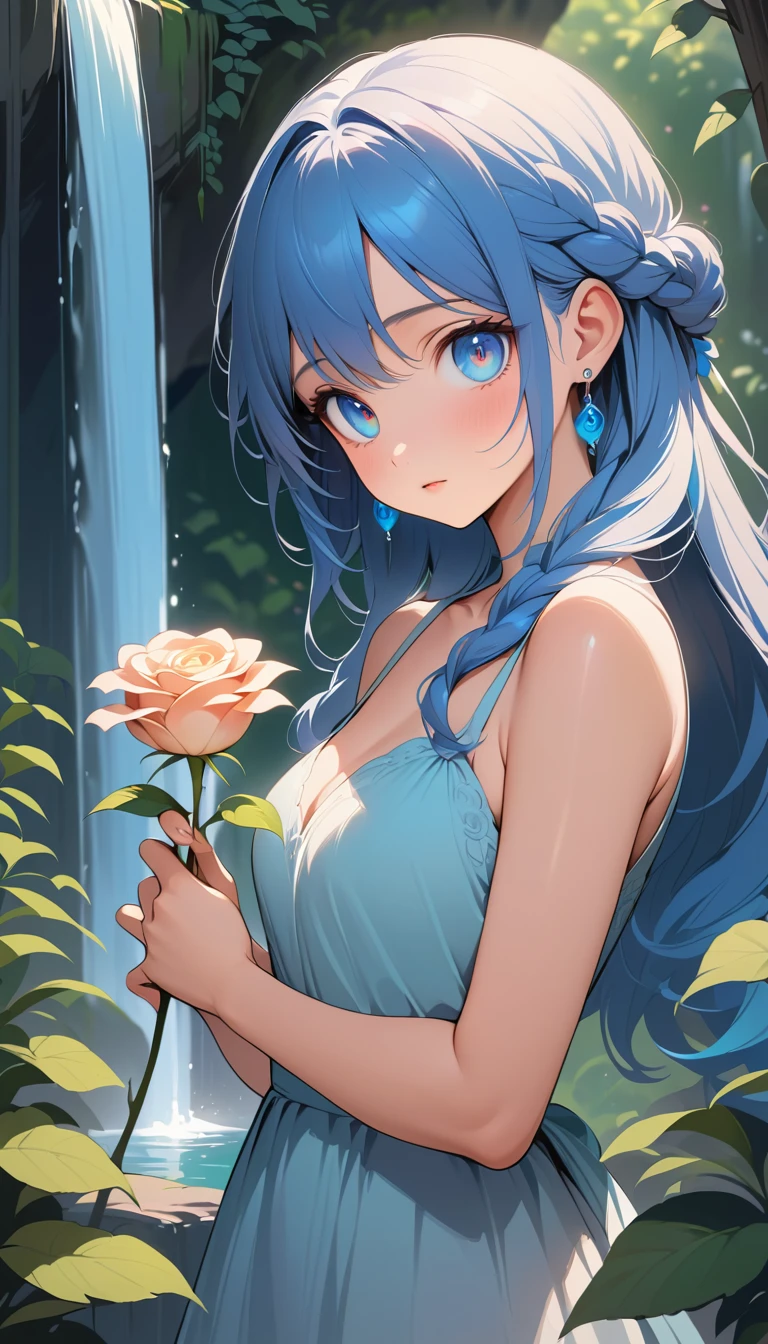 藍髮瀑布前拿著玫瑰的動漫女孩