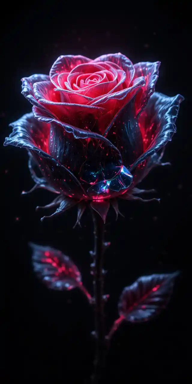 Rosa nera luminosa con petali di vetro su sfondo scuro