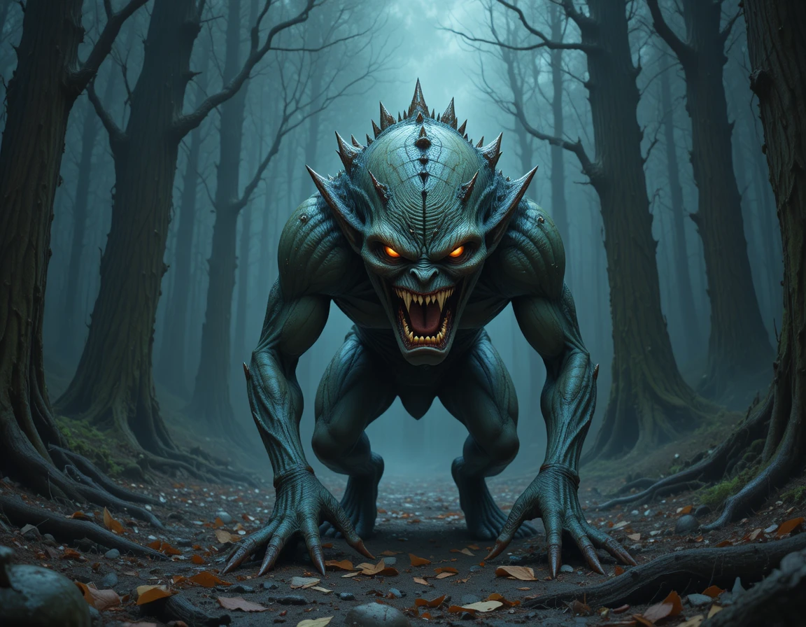 Monstruo humanoide reptante en un bosque oscuro y brumoso
