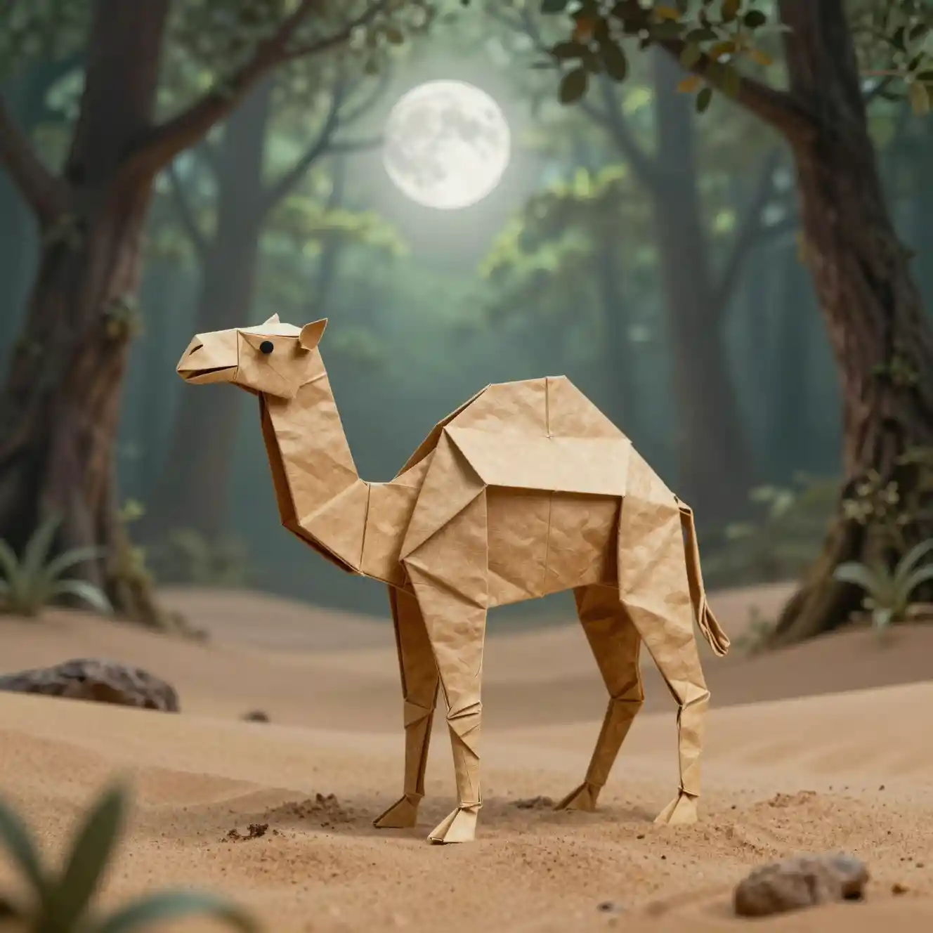 Origami-Kamel in einem mystischen Wüstenwald im Mondlicht