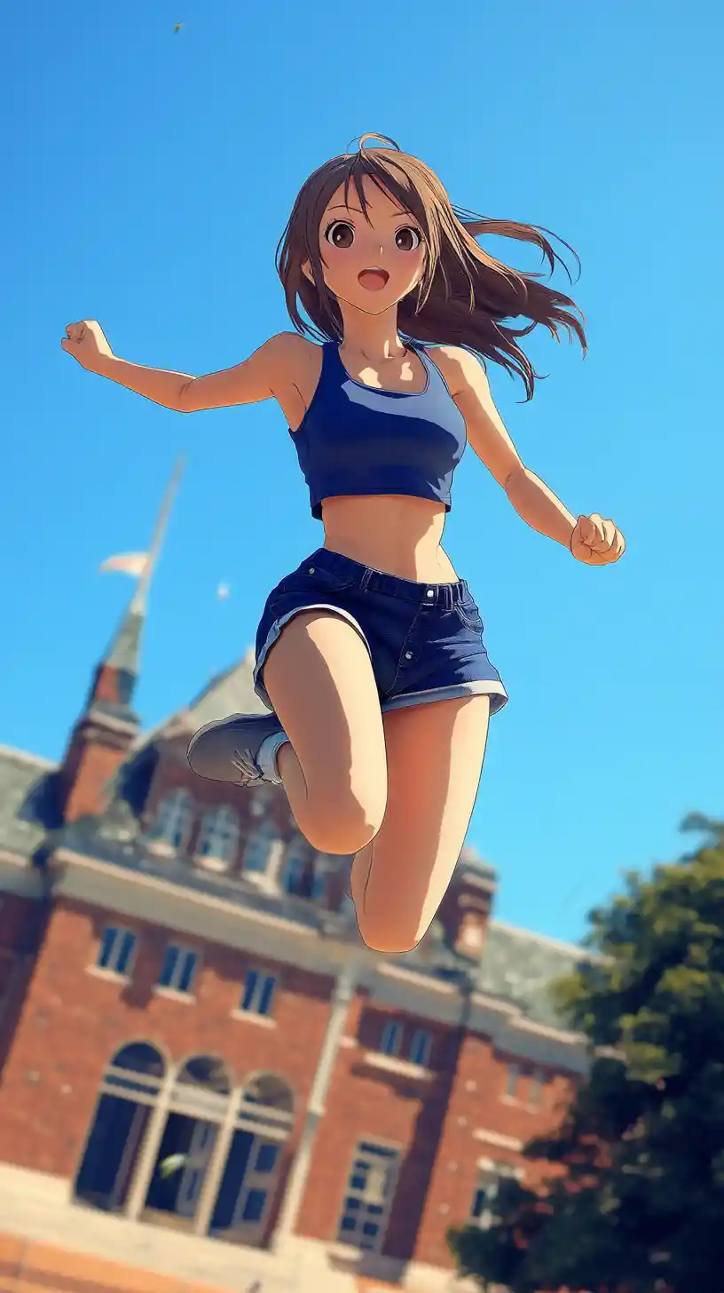 Athletic anime girl leaping high in a sunny schoolyard