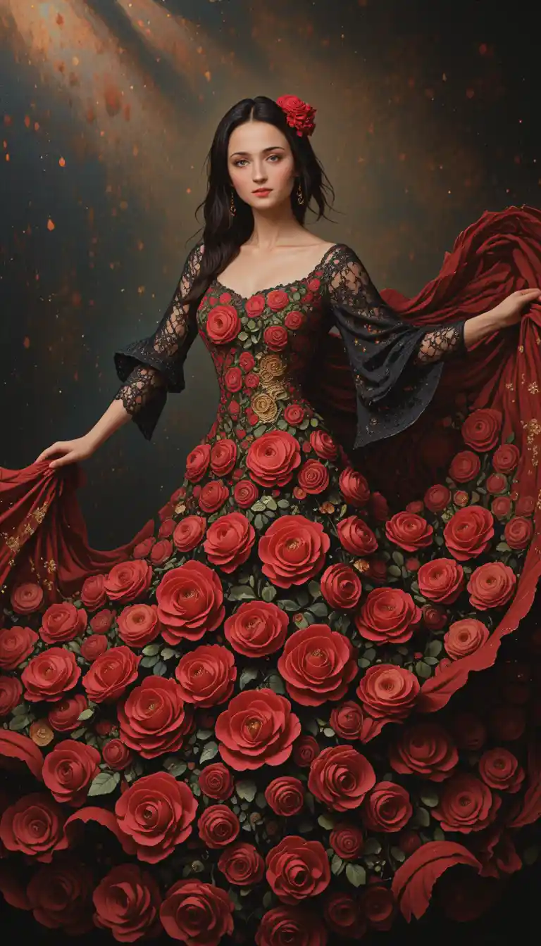 Bailarina de flamenco con un vestido de flamenco de rosas en flor