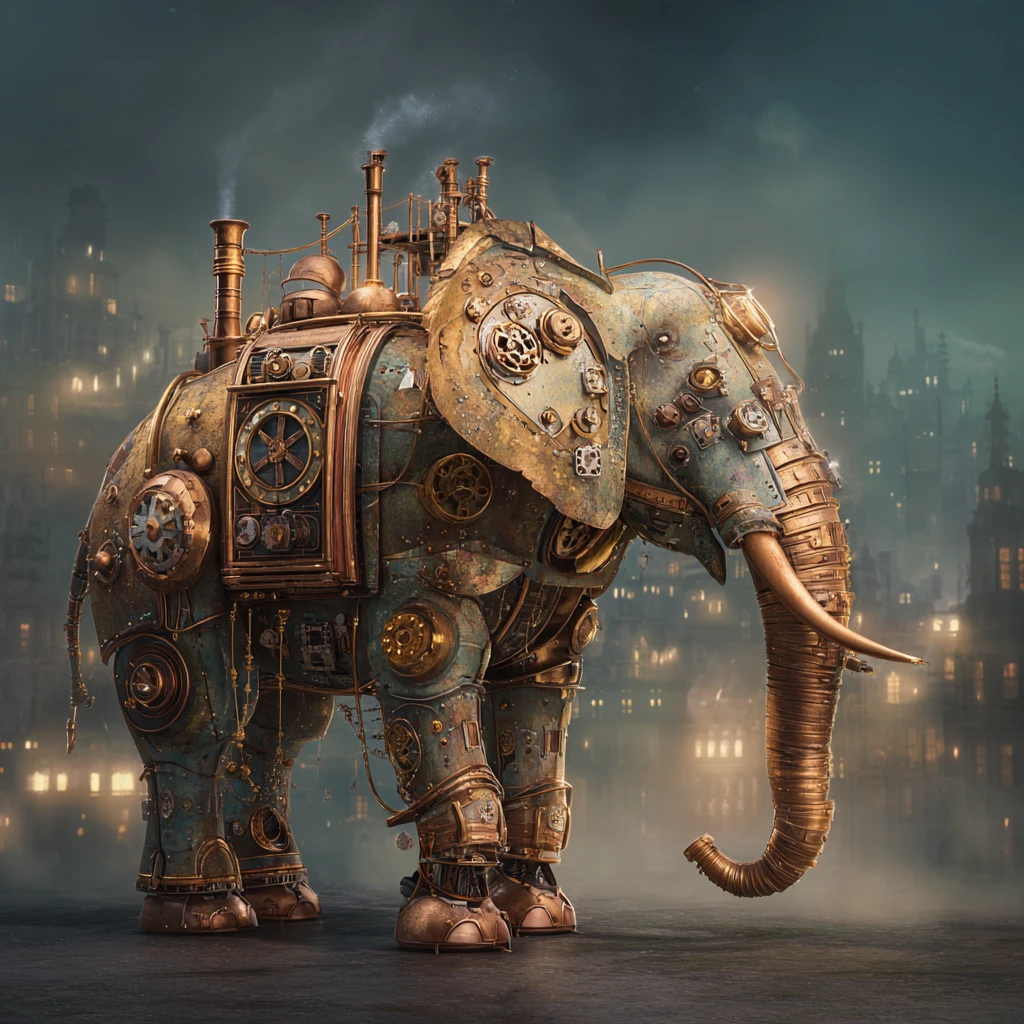 Autômato de elefante steampunk em uma cidade de fantasia surreal