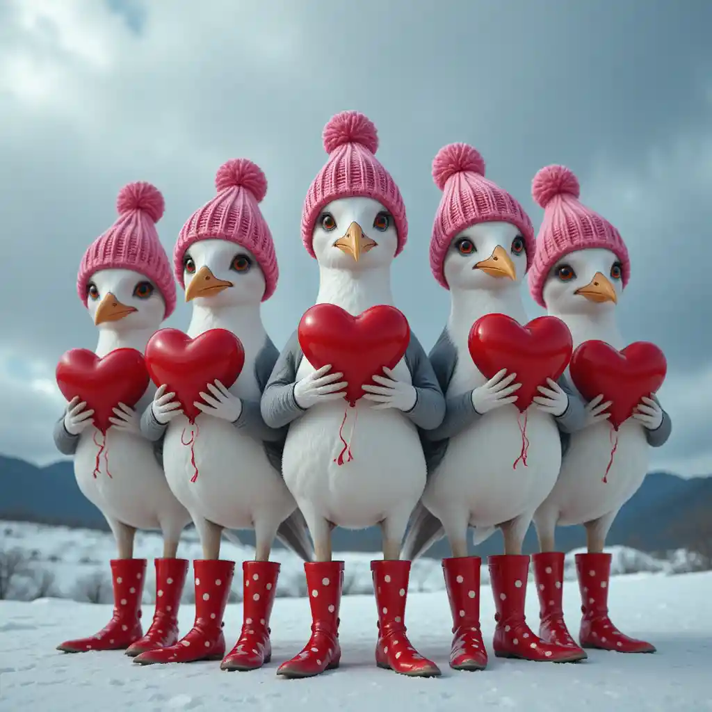 Five playful seagulls in red boots with heart balloons
