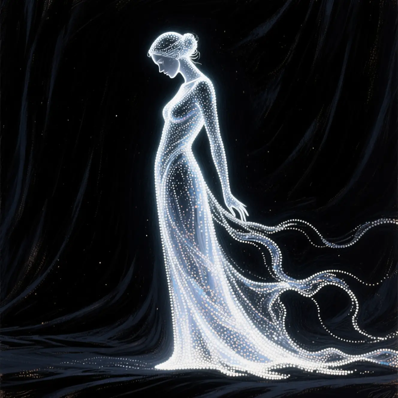 Crystalline woman poised against deep black velvety background