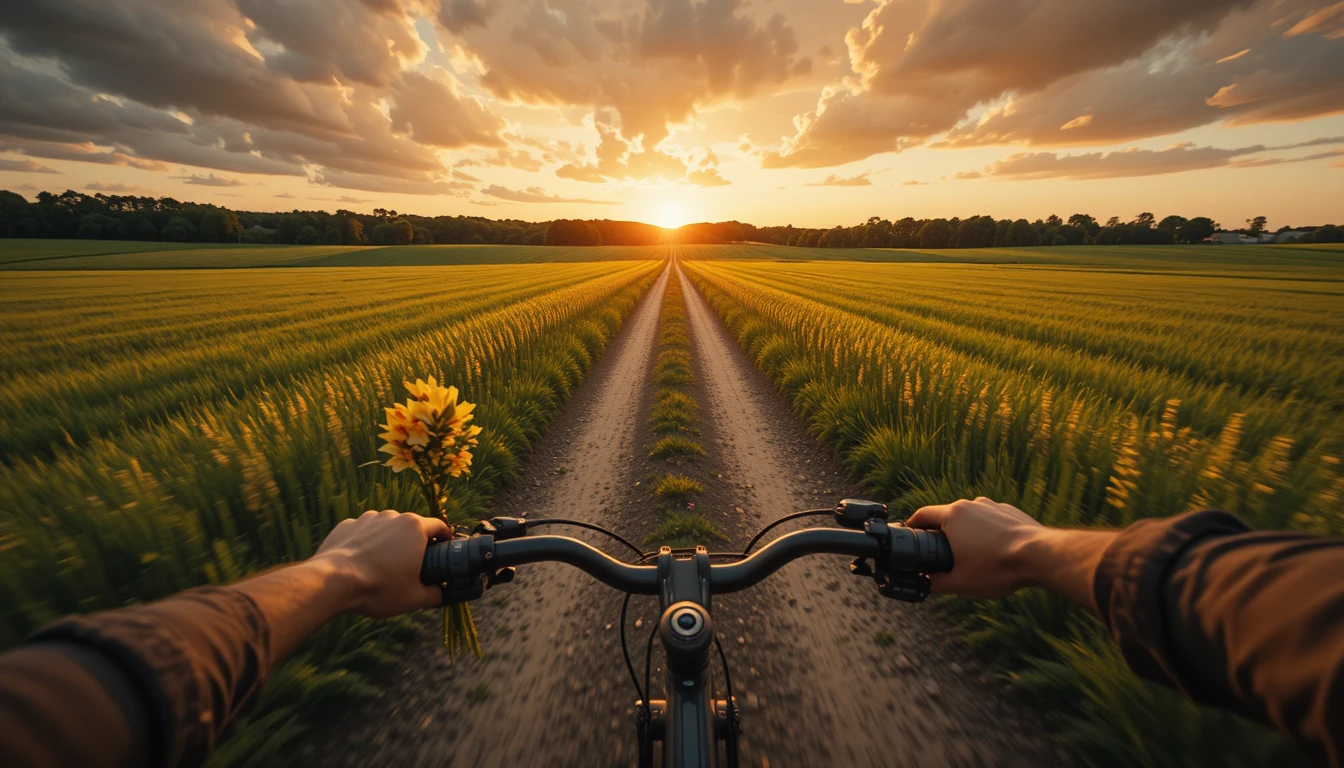Paseo en bicicleta en primera persona por un camino rural al atardecer