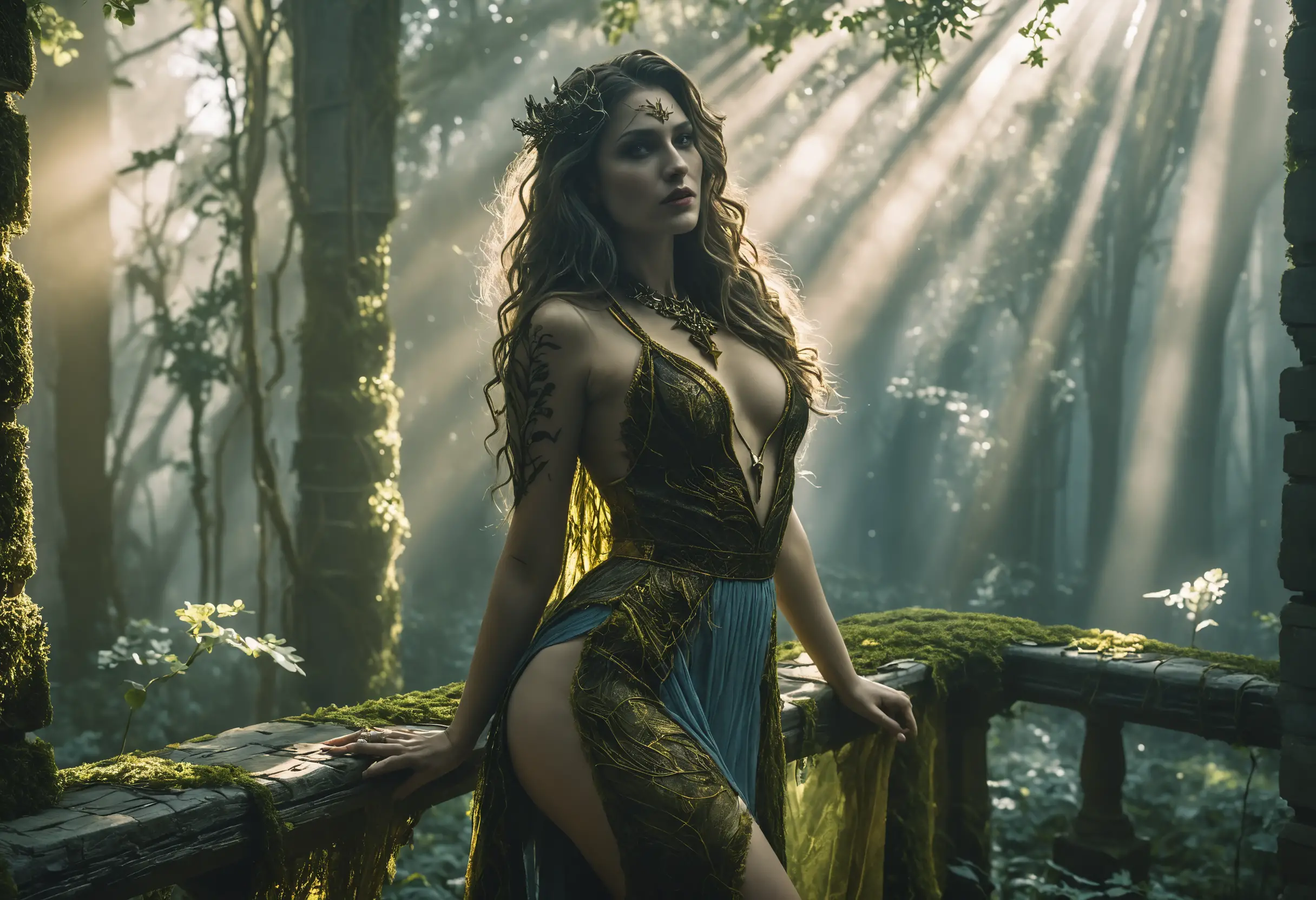 Gothic fantasy woman in moonlit full body cinematic scene