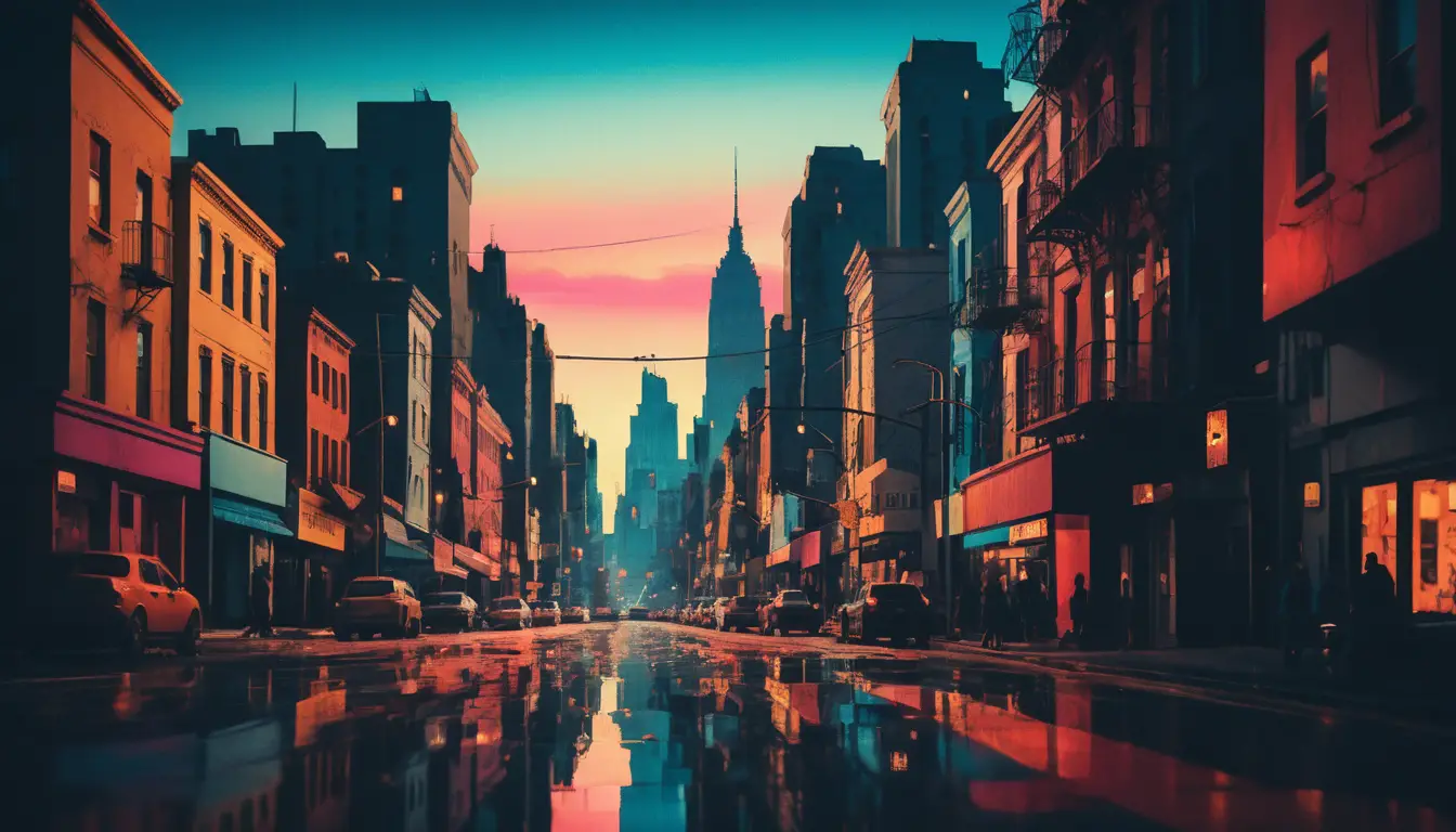 Abstract fragmented cityscape painting at dusk with vivid color