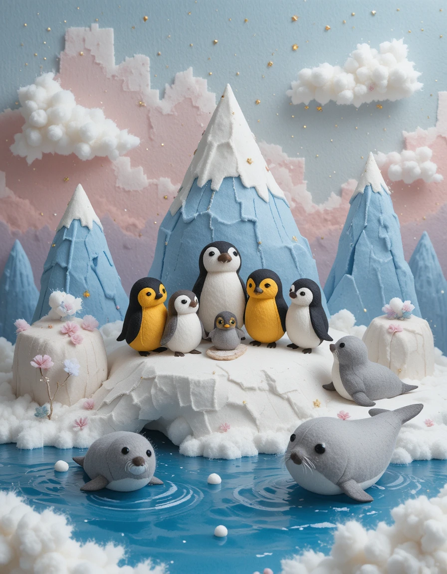 Pingüinos de fieltro hechos a mano en un suave paisaje polar de algodón
