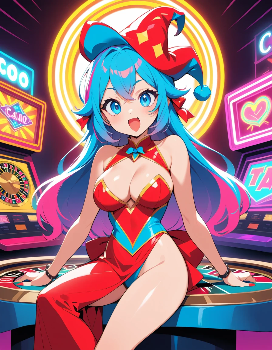 Anime casino girl in playful jester costume with neon lights