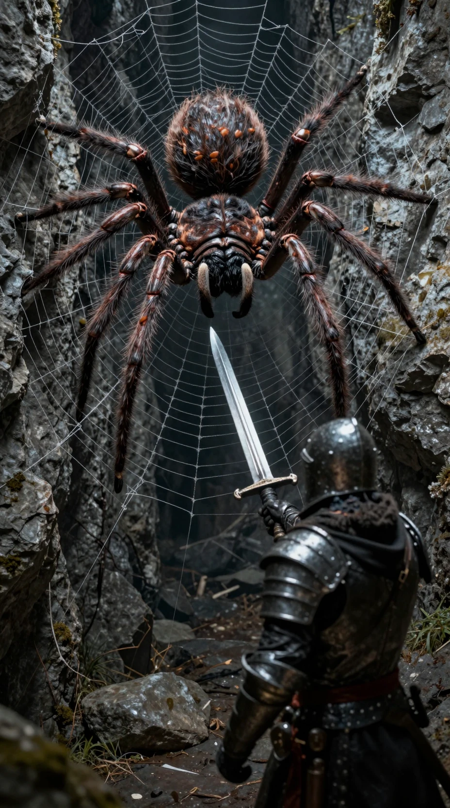 Un cavaliere affronta un ragno gigante in una caverna piena di ragnatele