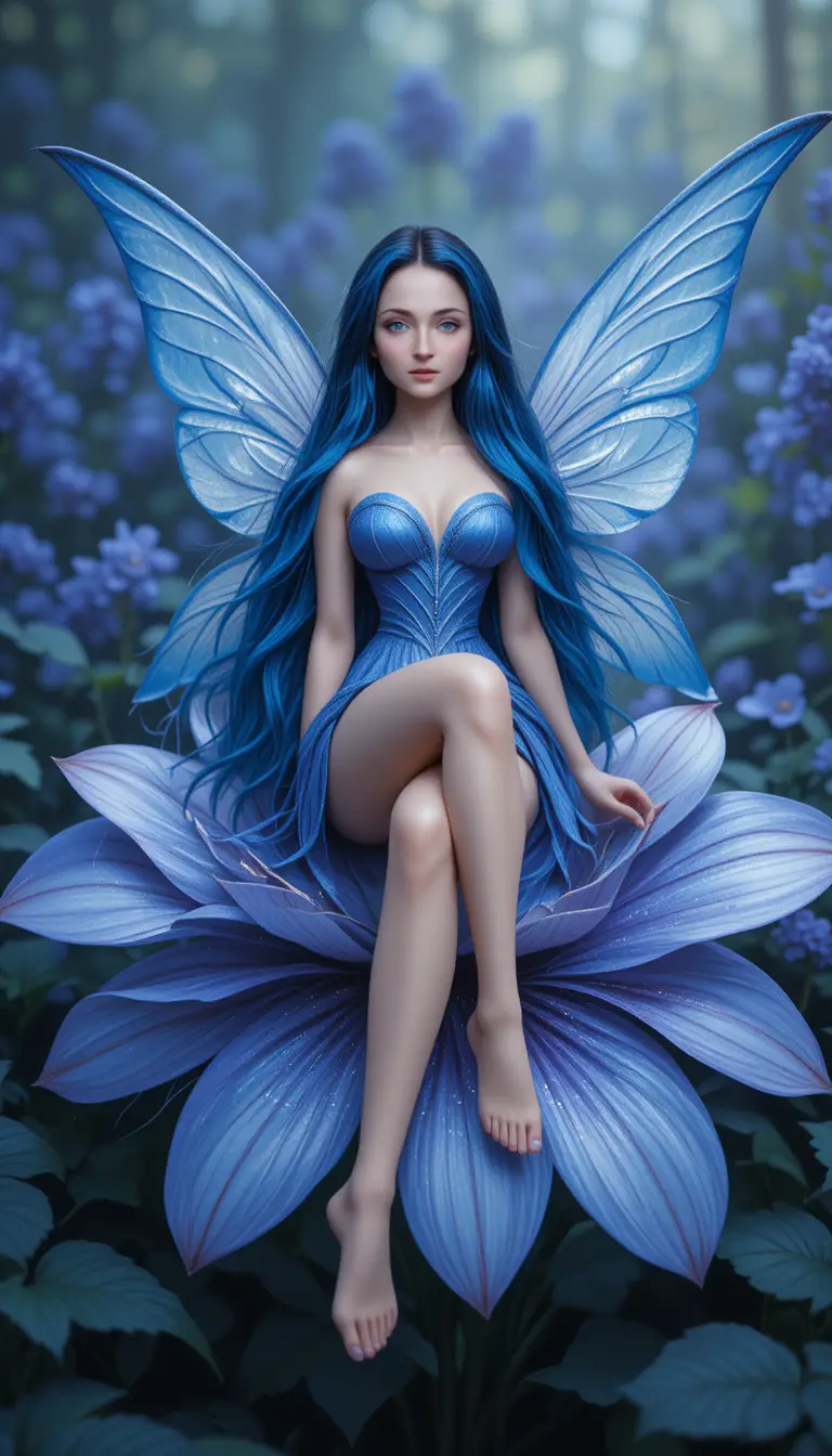 Tiny blue haired fairy woman on giant violet flower