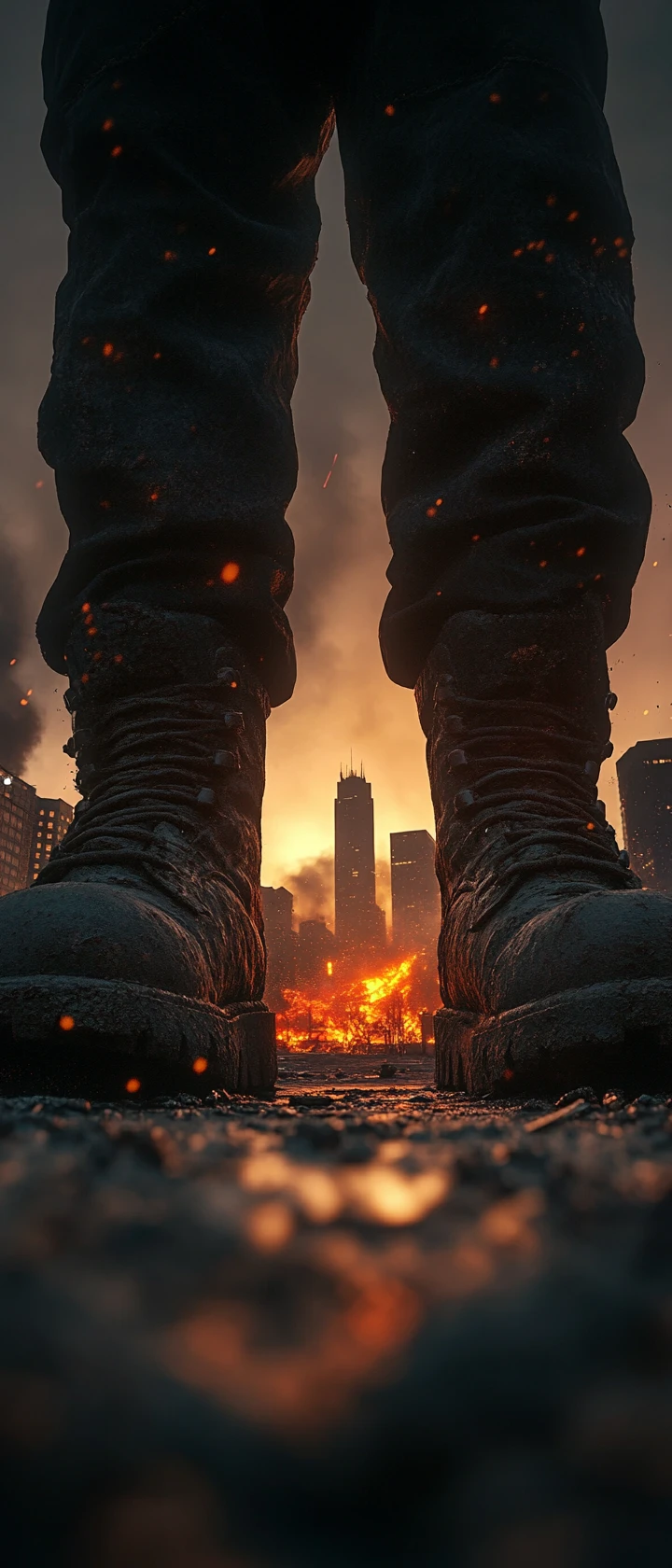 巨大的軍靴俯視著燃燒的城市街道