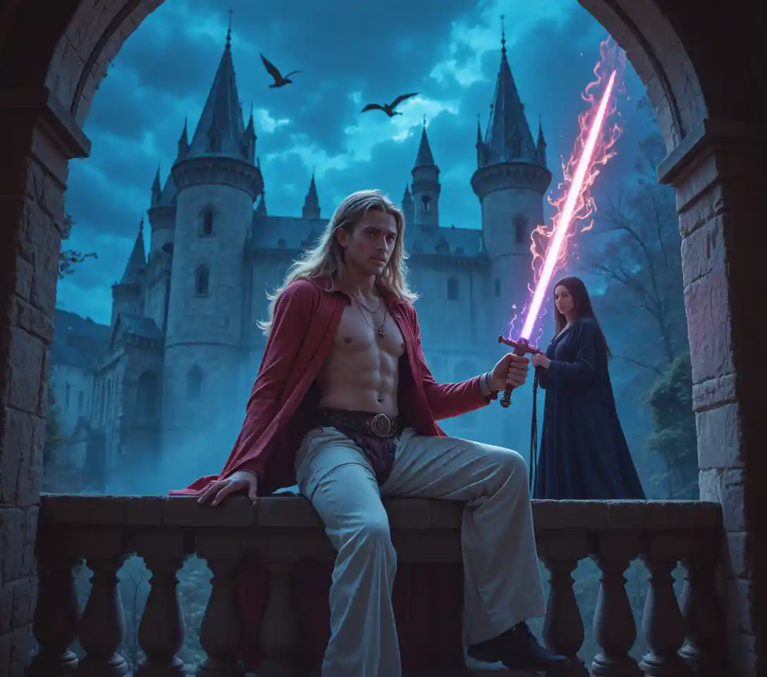 Gothic nobleman on a stone balcony under stormy night sky