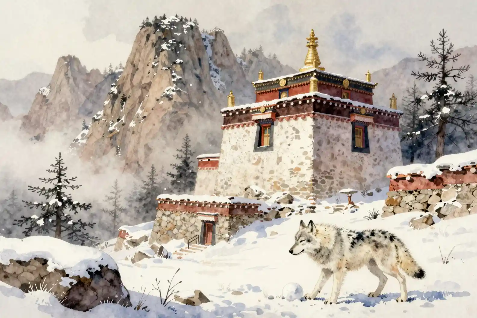 Stilles Aquarell eines verschneiten Bergtempel-Heiligtums