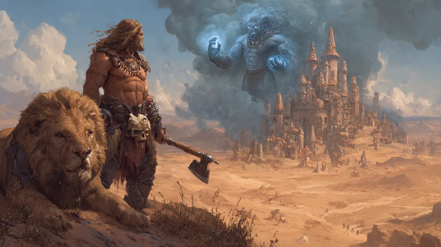 Barbarian warrior and armored lion facing a giant djinn