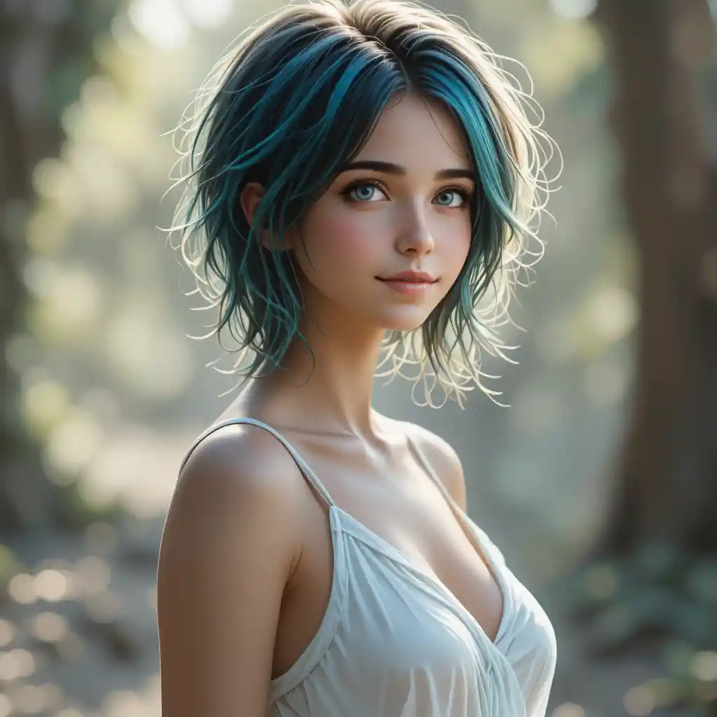 Young woman in turquoise dress standing in soft daylight