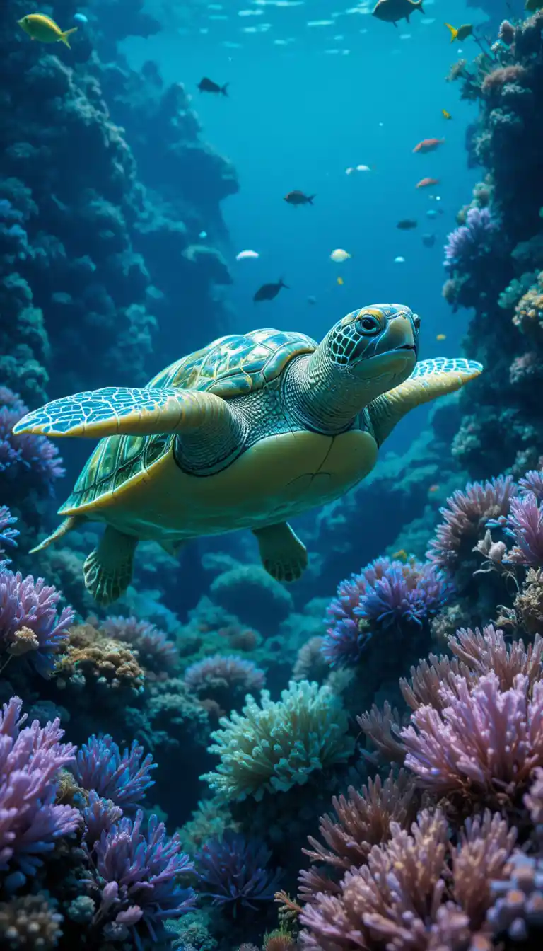 Green sea turtle swimming through colorful coral reef